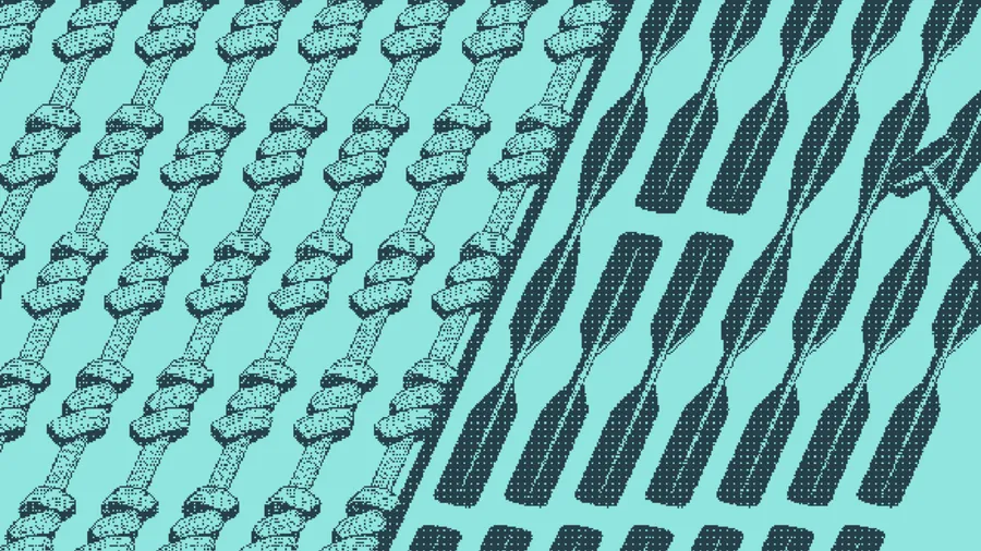 Knotted rope cords in loose rows beside a bundle of straight fluted rods