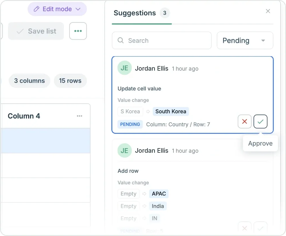 Editing a Country Code list in Claravine, with pending suggested changes waiting for approval.