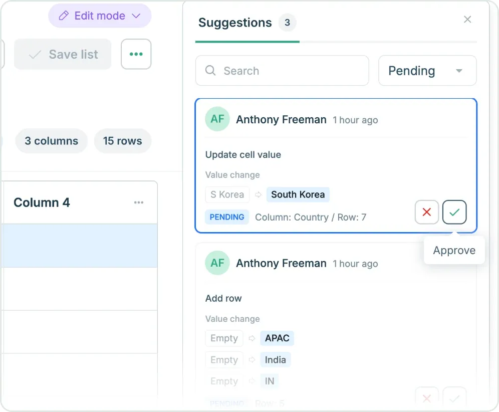 Editing a Country Code list in Claravine, with pending suggested changes waiting for approval.
