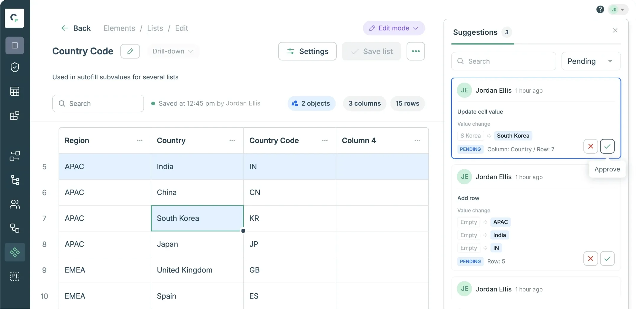 Editing a Country Code list in Claravine, with pending suggested changes waiting for approval.