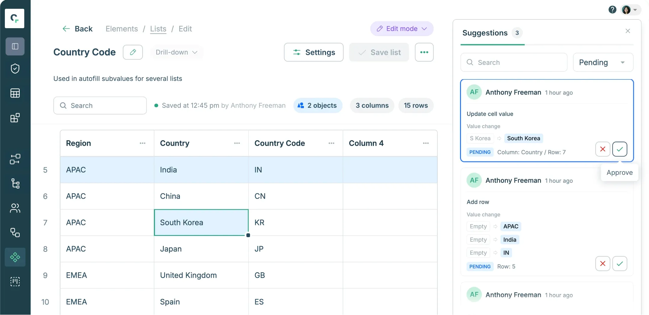 Editing a Country Code list in Claravine, with pending suggested changes waiting for approval.
