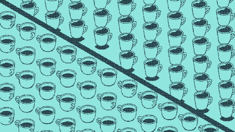 Coffee mugs in loose rows beside footed goblets in neat columns