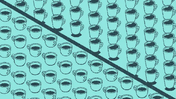 Coffee mugs in loose rows beside footed goblets in neat columns
