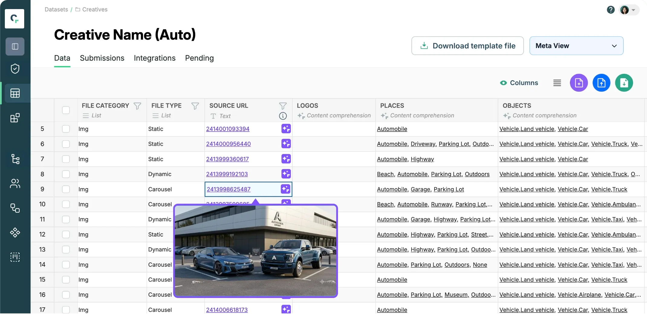 A Claravine content dataset of creatives, each tagged with AI-generated places and objects, with an image preview.