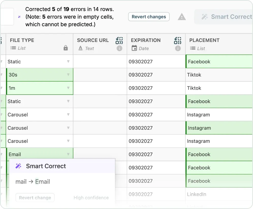 Claravine's Smart Correct fixing the same submission: FB becomes Facebook and mail becomes Email, corrected cells in green.