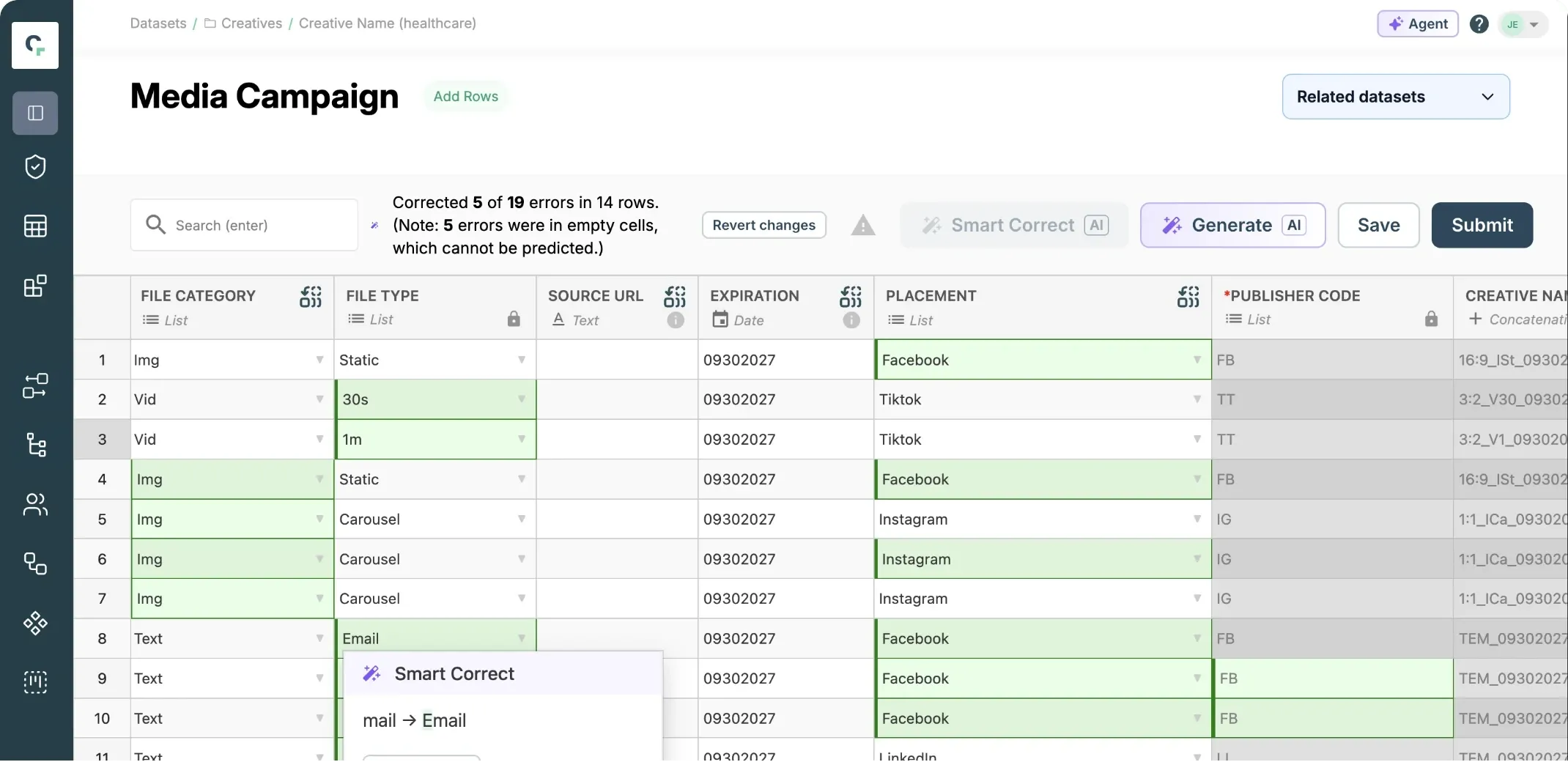 Claravine's Smart Correct fixing the same submission: FB becomes Facebook and mail becomes Email, corrected cells in green.