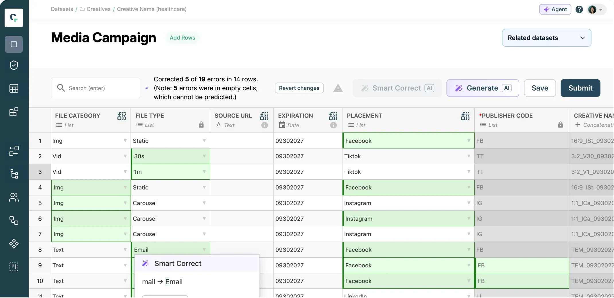 Claravine's Smart Correct fixing the same submission: FB becomes Facebook and mail becomes Email, corrected cells in green.