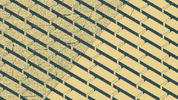 Cracked speckled planks beside smooth planks stacked in an offset pattern