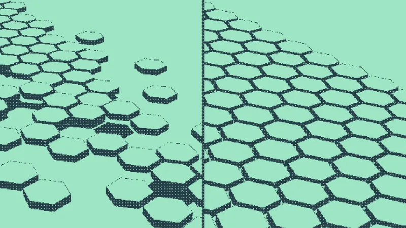 Hexagonal tiles scattered with gaps beside tiles fitted seamlessly