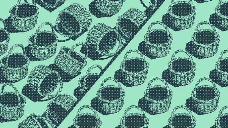 Woven baskets tumbled at odd angles beside baskets in tidy rows