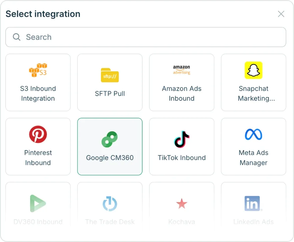 Claravine's integration picker: S3, SFTP, Amazon Ads, Snapchat, Pinterest, Google CM360, TikTok, Meta and more.