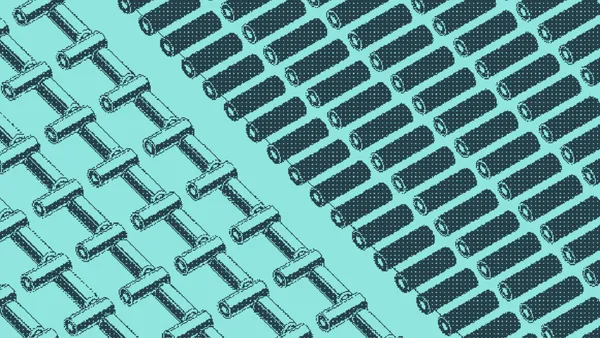 T-shaped pegs in loose diagonal rows beside tightly packed rods