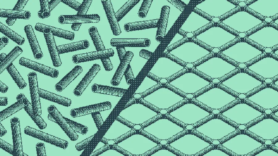 Loose dowels crossing at random beside dowels linked in a diamond lattice