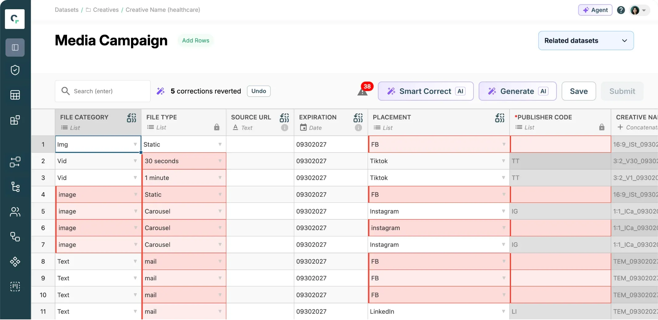 A media campaign submission in Claravine with 38 errors: invalid values such as FB and mail flagged in red, row by row.