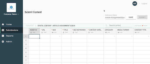 Picture of Claravine Bulk SEO metadata manager; example of how metadata like Title, Keyword, and Category could be managed consistently across teams with larger-scale content production