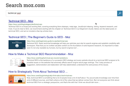 example of simple search function resulting in basic search result page. Moz Search Results Page