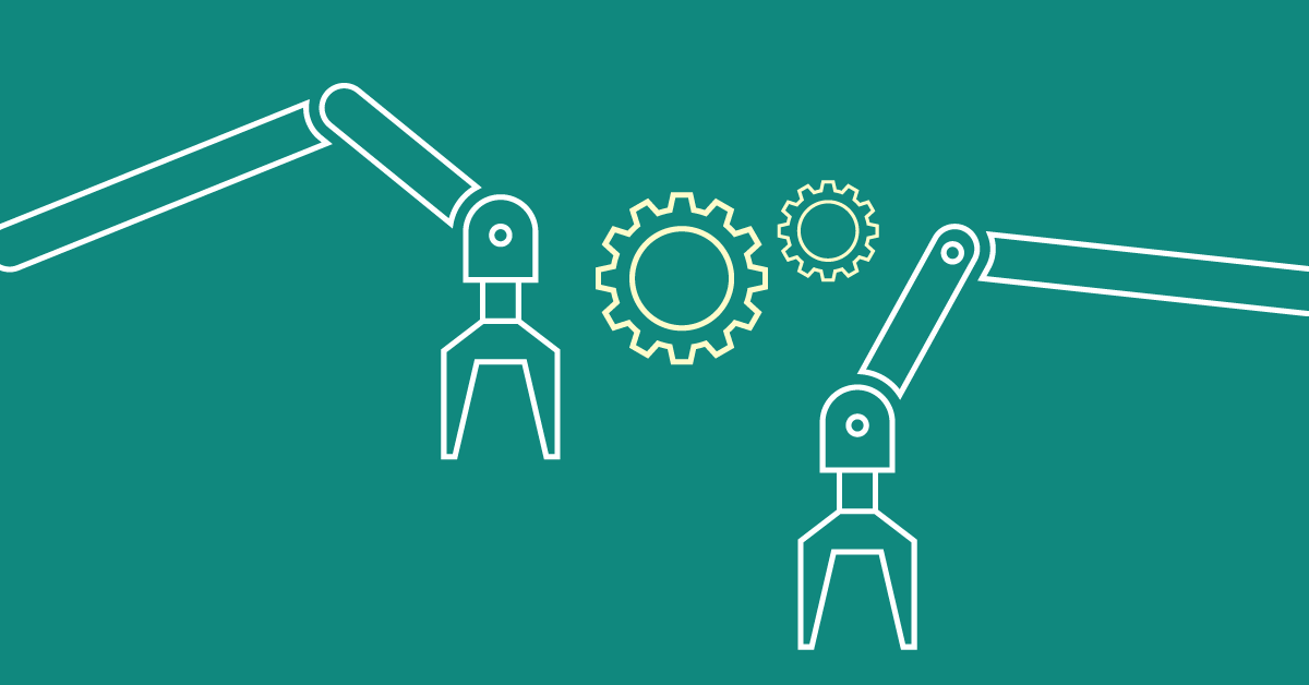 Illustration of robot arms and gears showcasing advanced tech used by tag management systems 