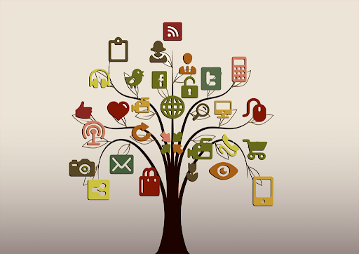  Tree of digital icons symbolizing different aspects covered under marketing tag management