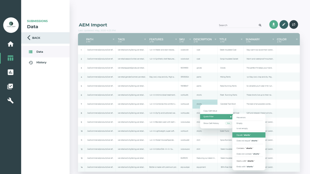 filter AEM assets data management