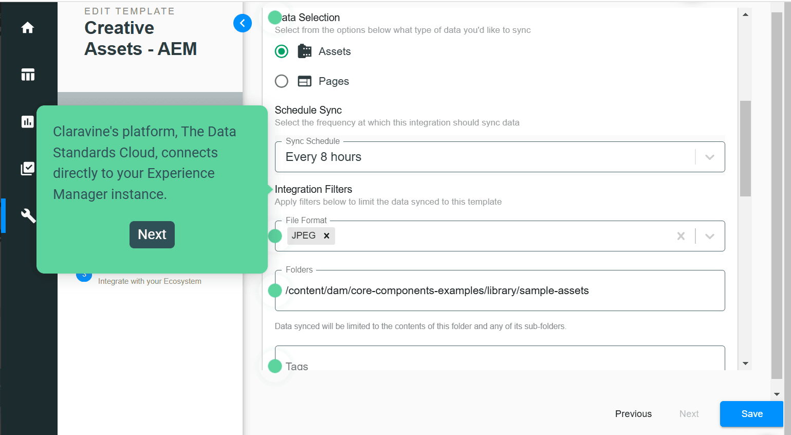 Claravine UI showing how the Data Standards Cloud connects with Experience Manager